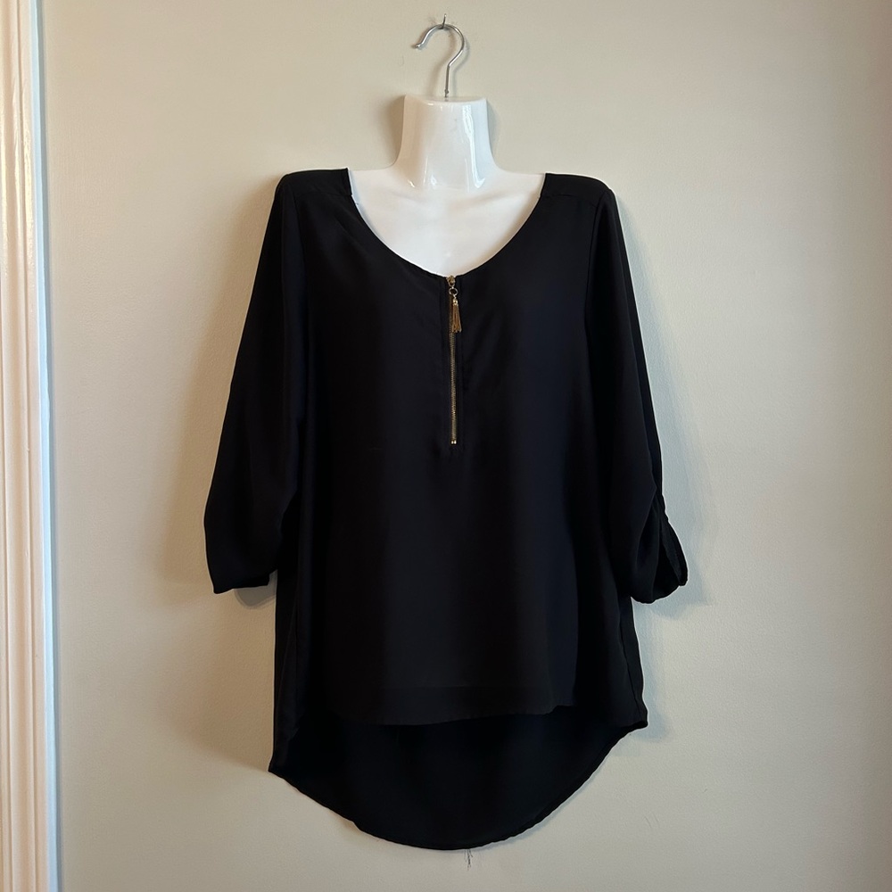 Tacera Black 3/4 Sleeve High Low Blouse